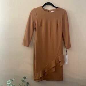 New Tan Calvin Klein Dress Mid length Ruffle 3/4 Sleeve size 4 Sheath